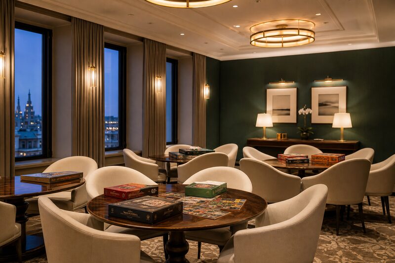 Szállodai lounge asztalokkal egy játékestre előkészítve
